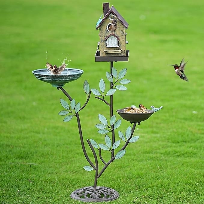 37" Cast Iron Bird Bath 3-in-1 Feeder & Birdhouse – Outdoor Garden Décor
