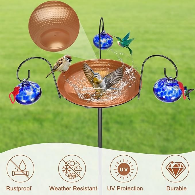 2-in-1 Hummingbird Feeder & Bird Bath Bowl – Hand Blown Glass Garden Decor