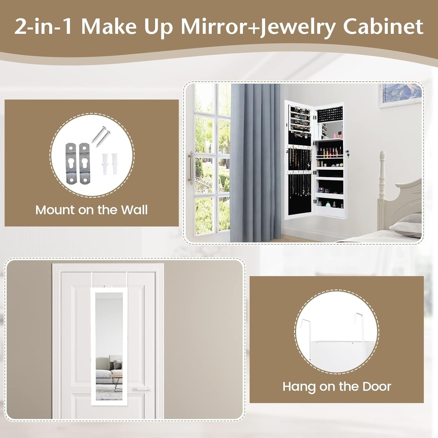 White LED Mirror Jewelry Cabinet Wall or Door Mount Lockable Storage