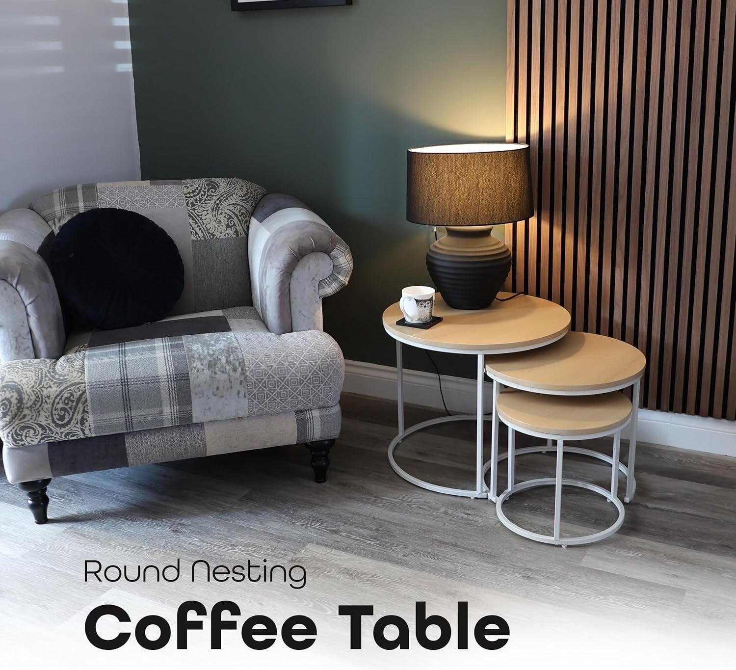 Space Saving Nesting End Tables Set 3 Round White Oak Wood Look Side Coffee