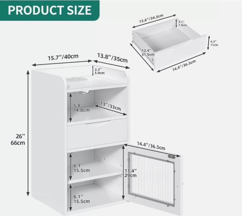 White Bedside Table with LED Light, USB Charging Station & Drawer Storage