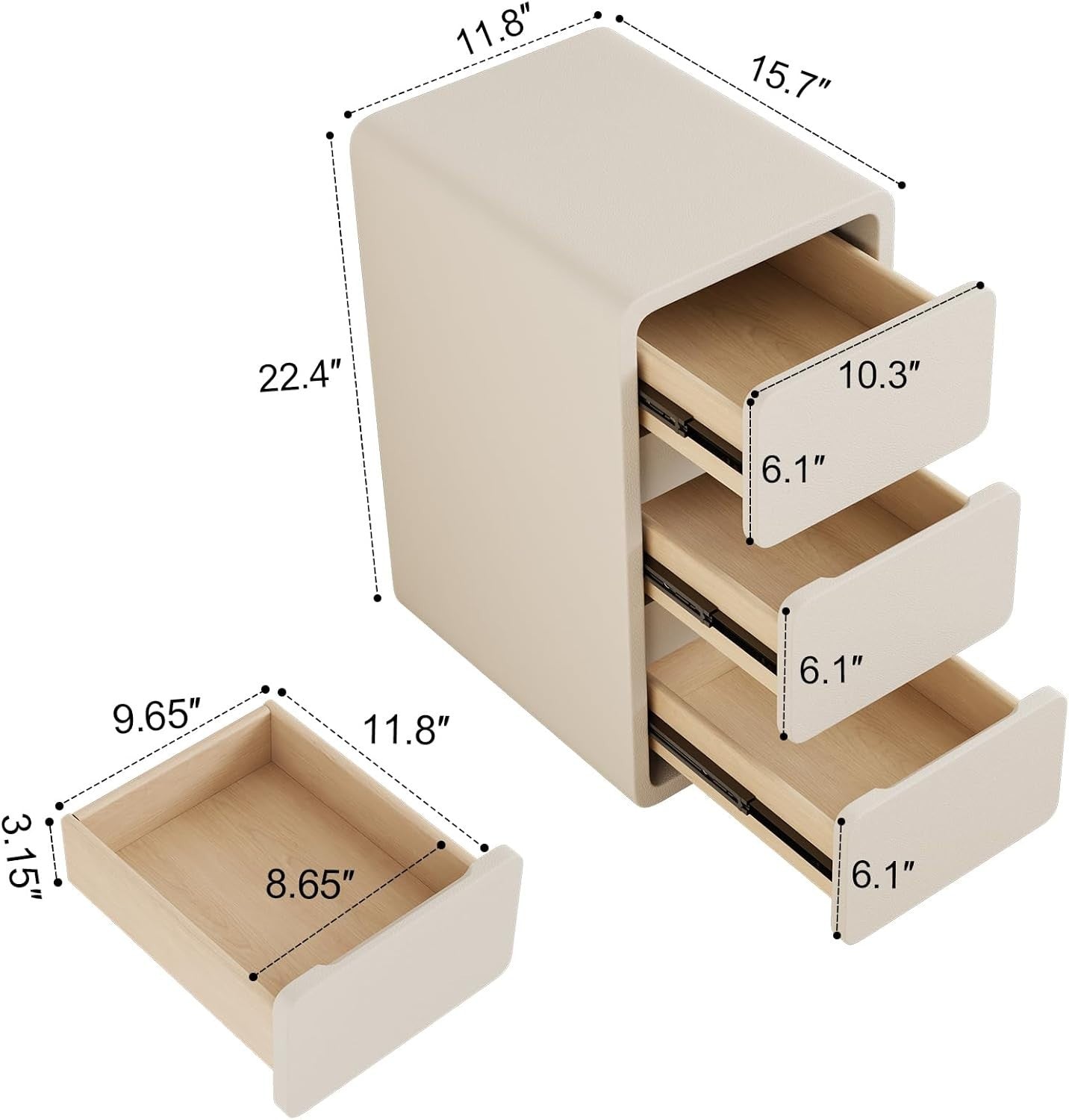 Slim White Bedside Table with 3 Drawers, Narrow Leather-Finish Nightstand