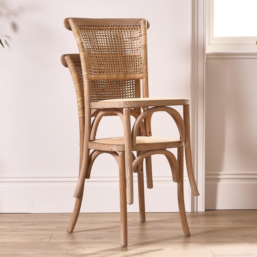 Solid Wood Dining Chairs Set of 2 Rattan Back Rustic Kitchen Table Seating