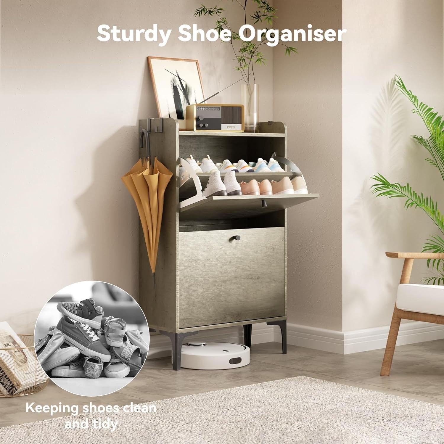 Shoe Cabinet 2 Flip Drawers Adjustable Dividers Compact Hallway Storage Grey