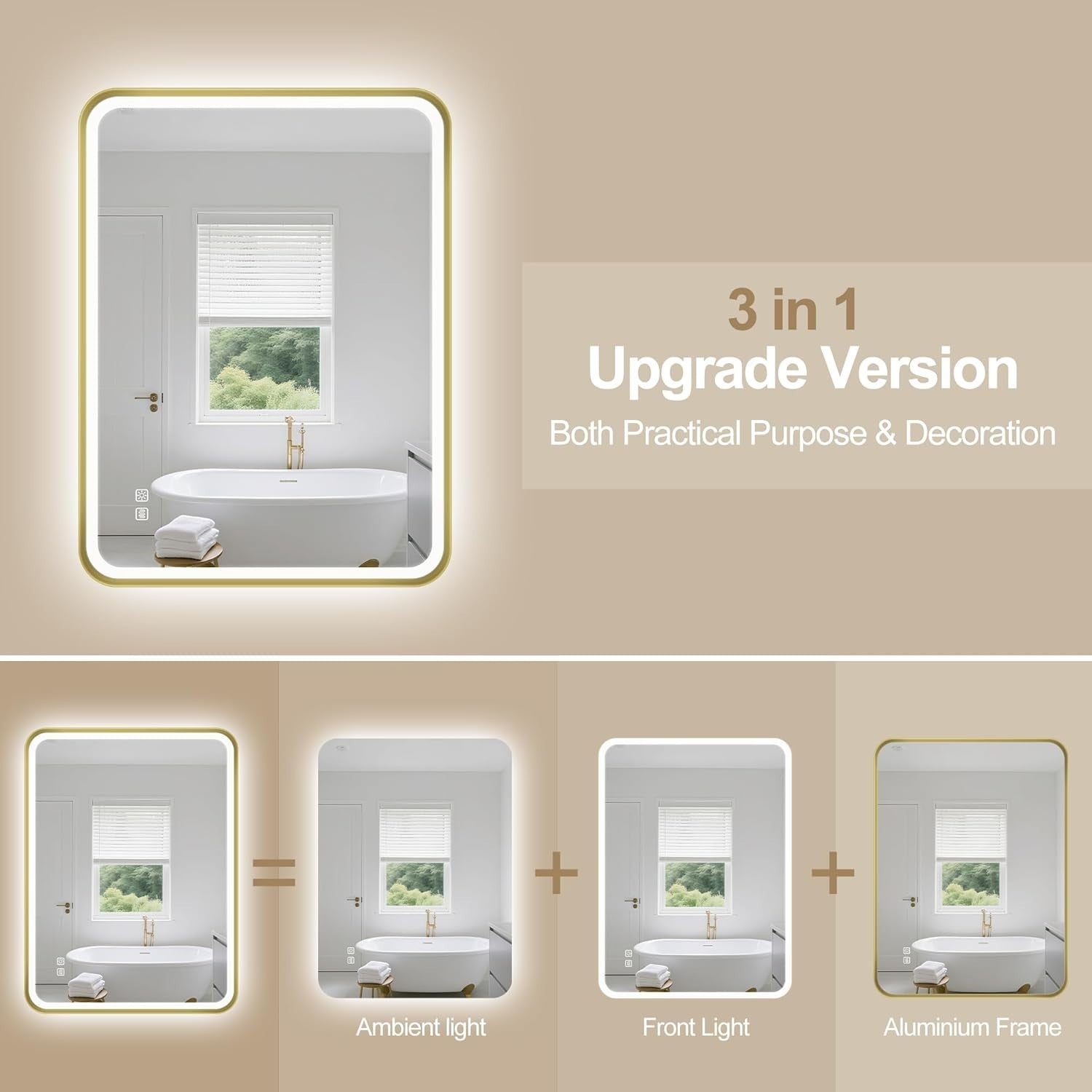 LED Bathroom Mirror 100x70cm Anti-Fog, Waterproof, Dimmable, Memory