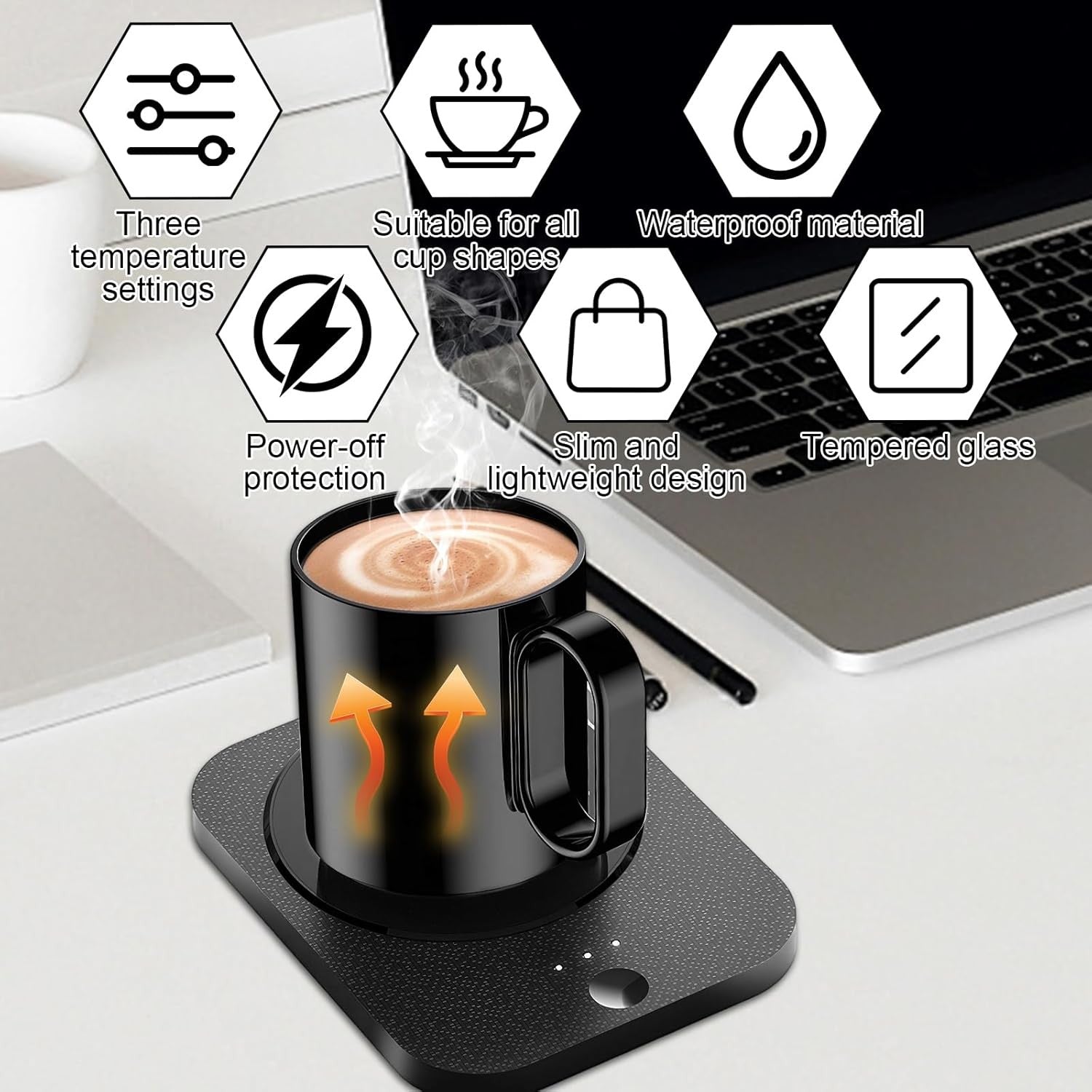 Black Desk Mug Warmer 3 Temp 50-60°C Auto Shut Off Heater