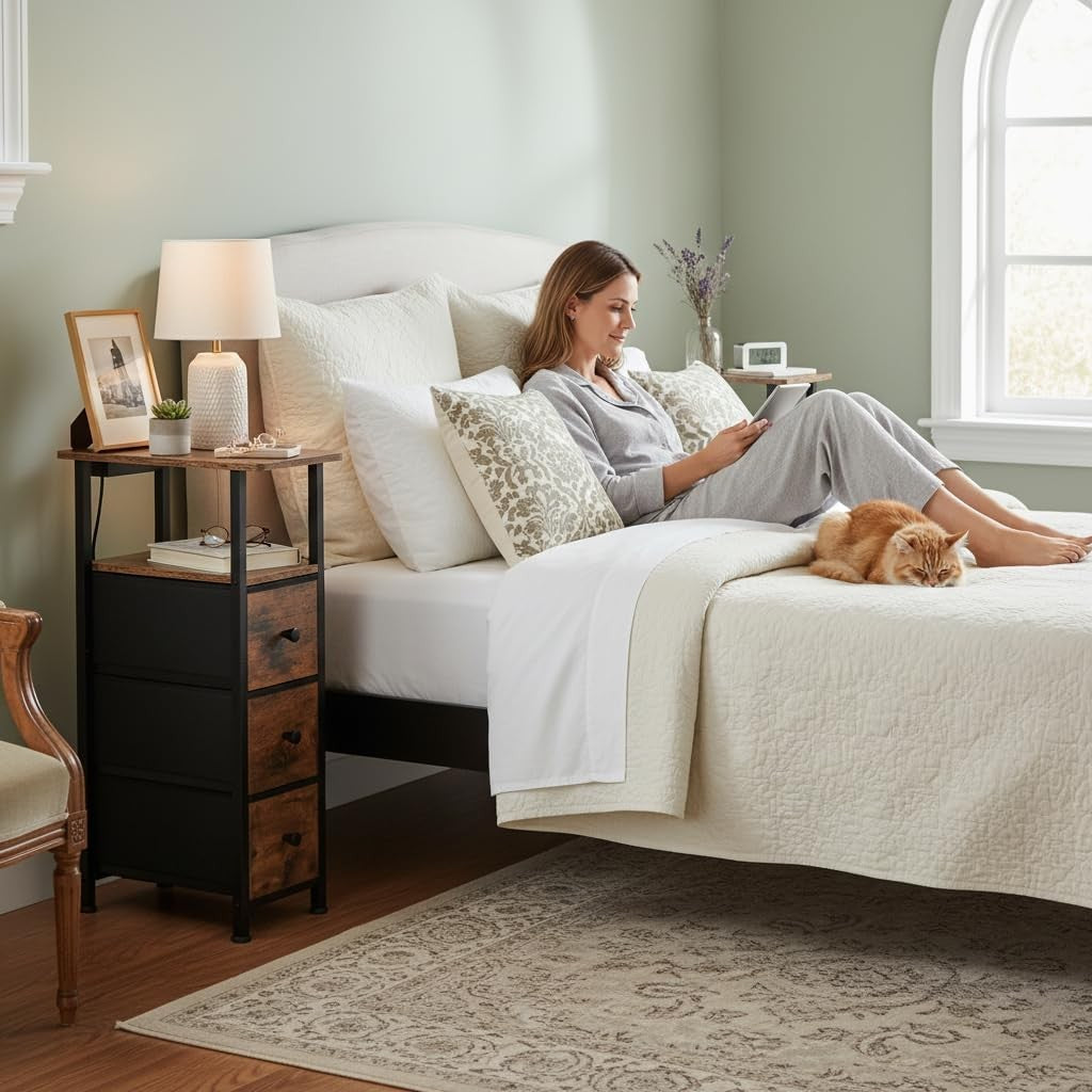 Slim Bedside Tables Set of 2 with Charging Ports, Storage Drawers & Shelf