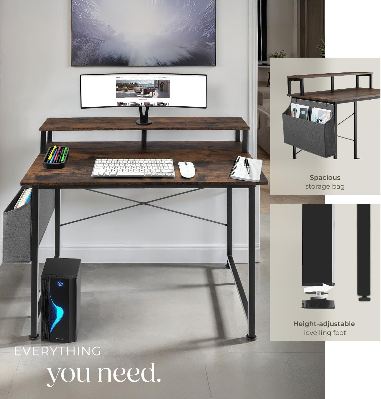Computer Desk Dark Wood 120x60cm with Monitor Stand & Side Storage Bag