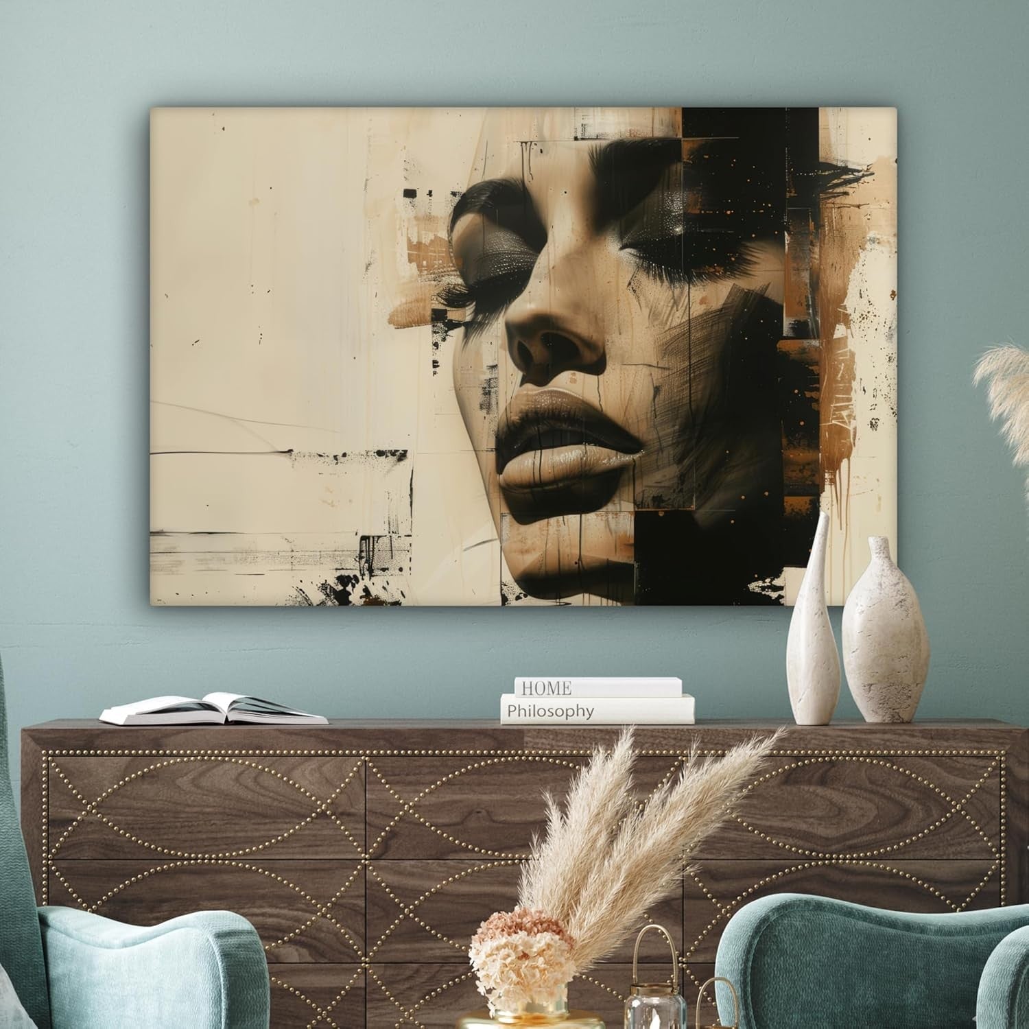 Large Abstract Woman Canvas Wall Art 120x80cm Modern Beige Portrait Decor