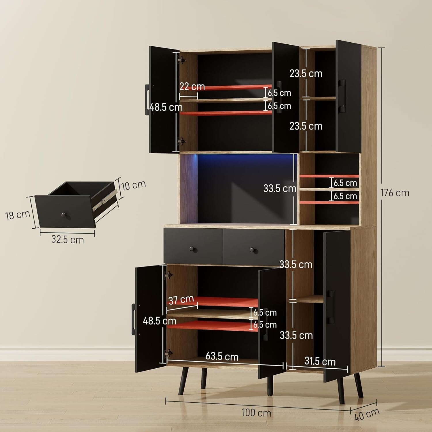 Tall Kitchen Cupboard with LED Lights 6 Door 2 Drawer Storage Cabinet Oak