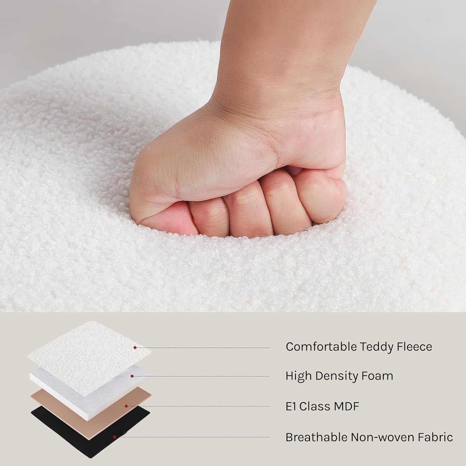 White Teddy Fleece Ottoman Stool with Storage Round Folding Seat 41cm