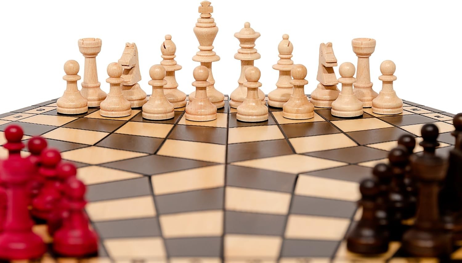 Large 3-Player Wooden Chess Set Hexagonal Board 40×35cm Handcrafted Travel