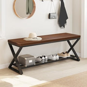 Walnut Industrial Entryway Storage Bench Metal Frame Shoe Rack Seat 119x36x46cm
