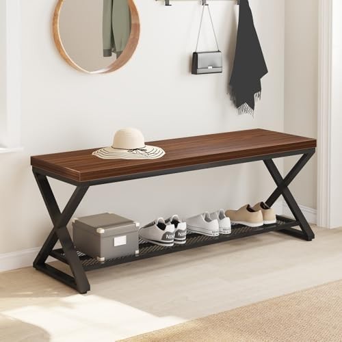 Walnut Industrial Entryway Storage Bench Metal Frame Shoe Rack Seat 119x36x46cm