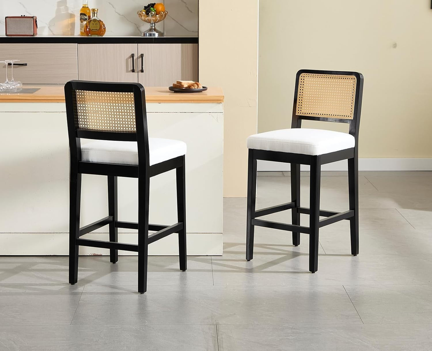 Rattan Bar Stools Set of 2 Linen Cushioned Counter Chairs Wooden Frame