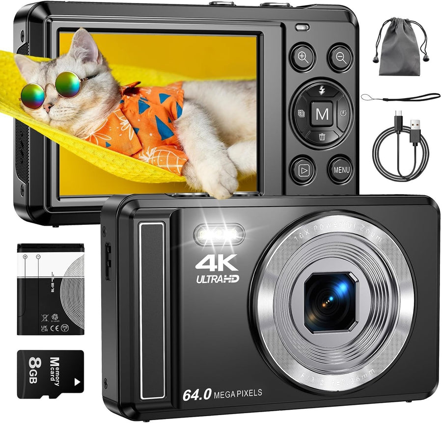 4K 64MP Digital Camera Autofocus Vlogging Camera w/ SD Card