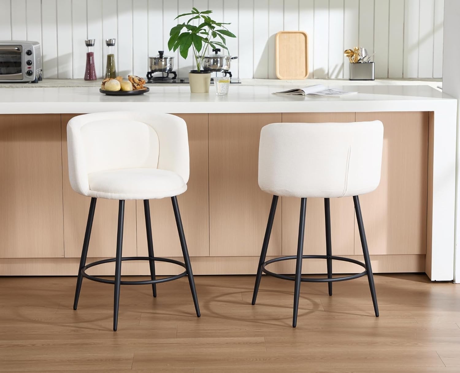 Counter Bar Stools Set of 2 | White Chenille L-Shaped Dining Chairs