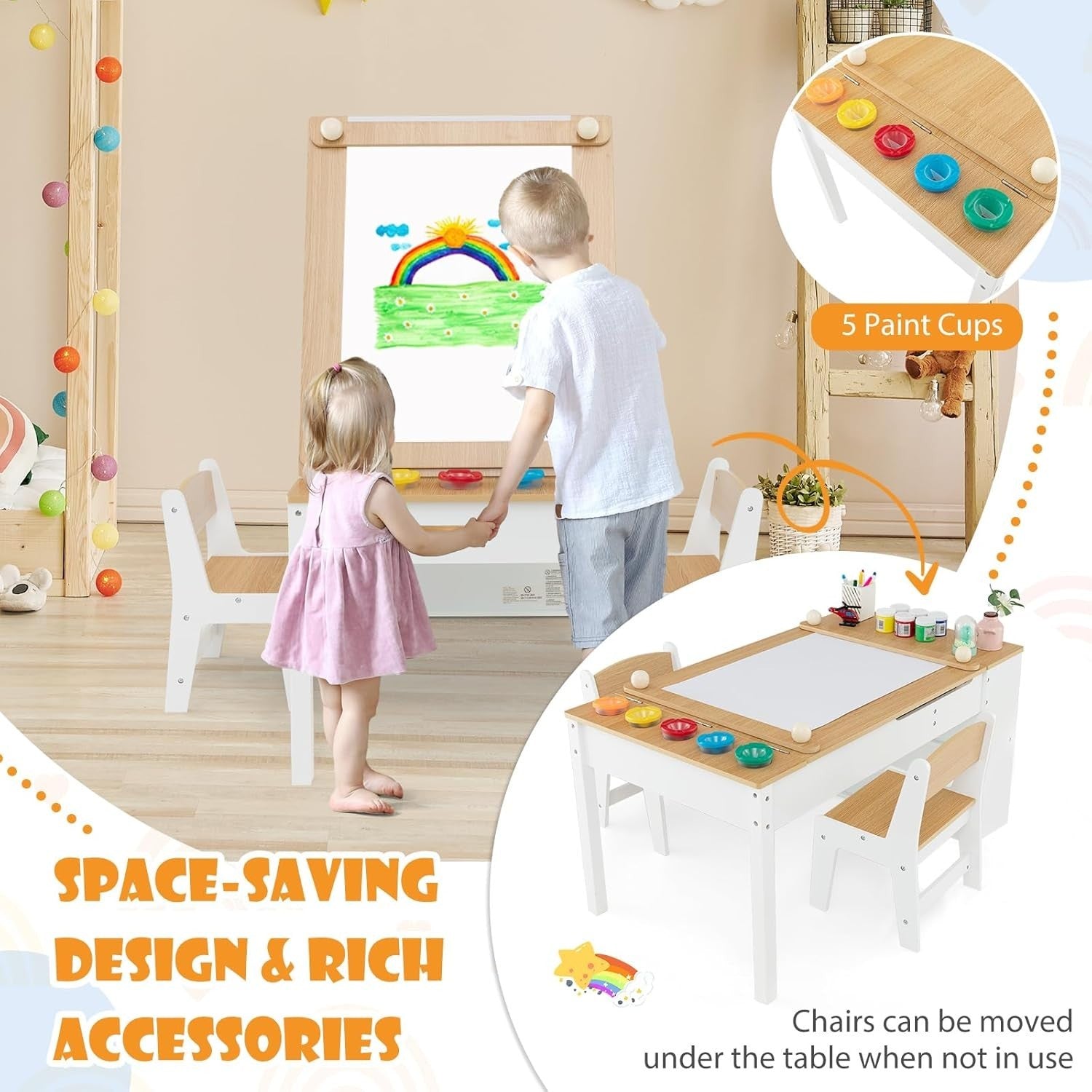 Kids Art Table & Chairs Set with Storage, Paper Roller & Cups – 109cm
