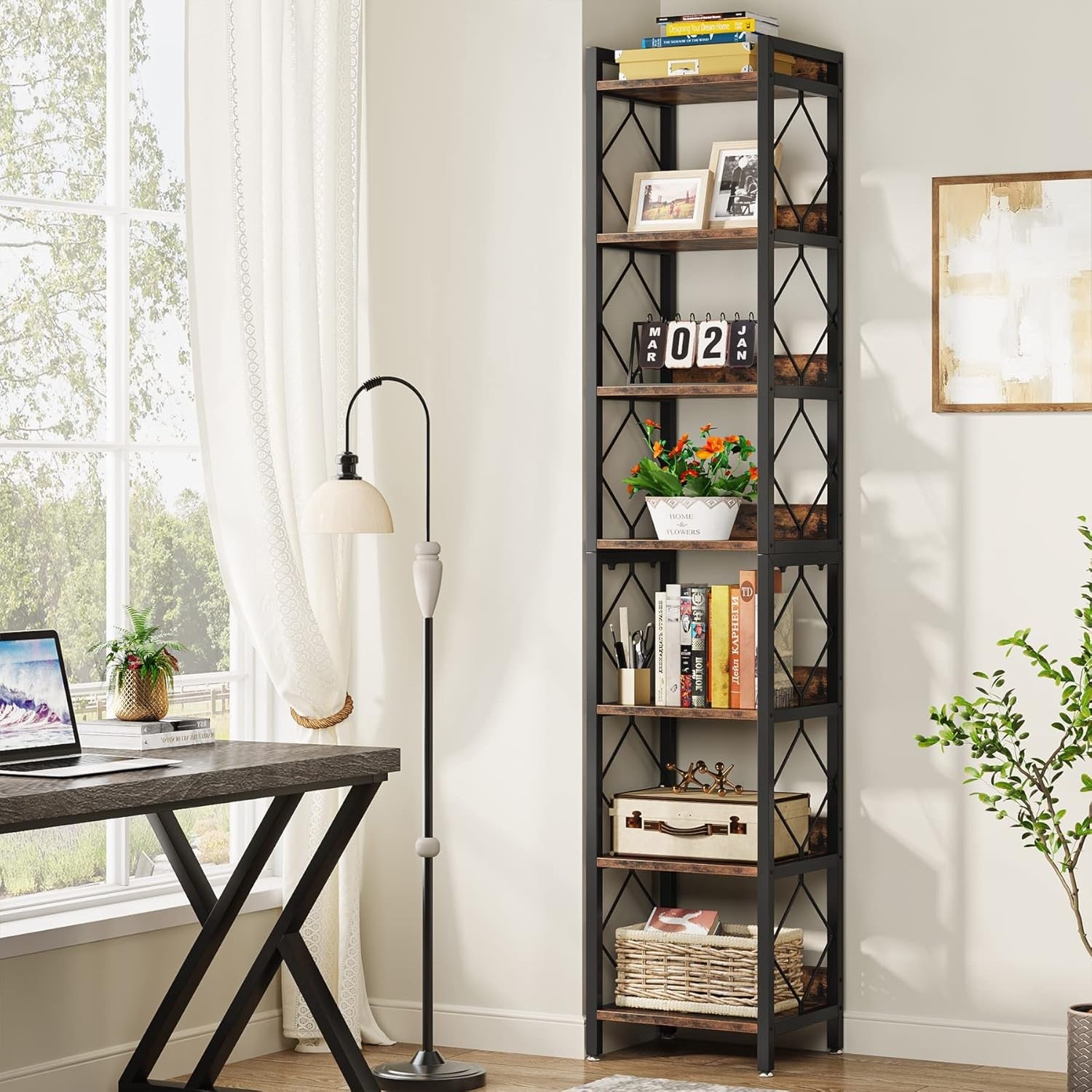 Extra Tall 7-Tier Narrow Bookshelf | 199cm Slim Rustic Display Shelf for Small S