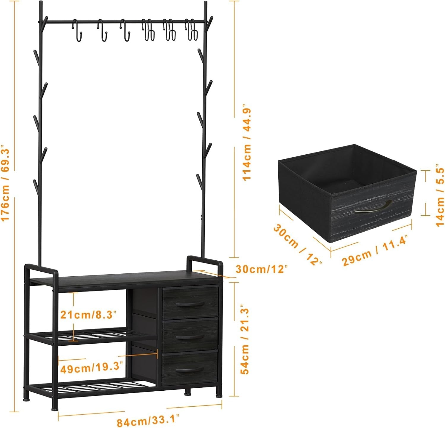 Industrial Coat Rack with Drawer & Shelves | Hall Tree Stand with 6 Hooks