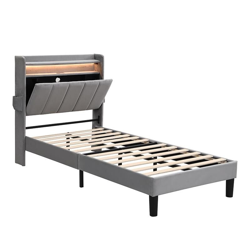 Single Bed 3FT Grey Velvet USB Charging LED Light Storage Bed for Teen Kids