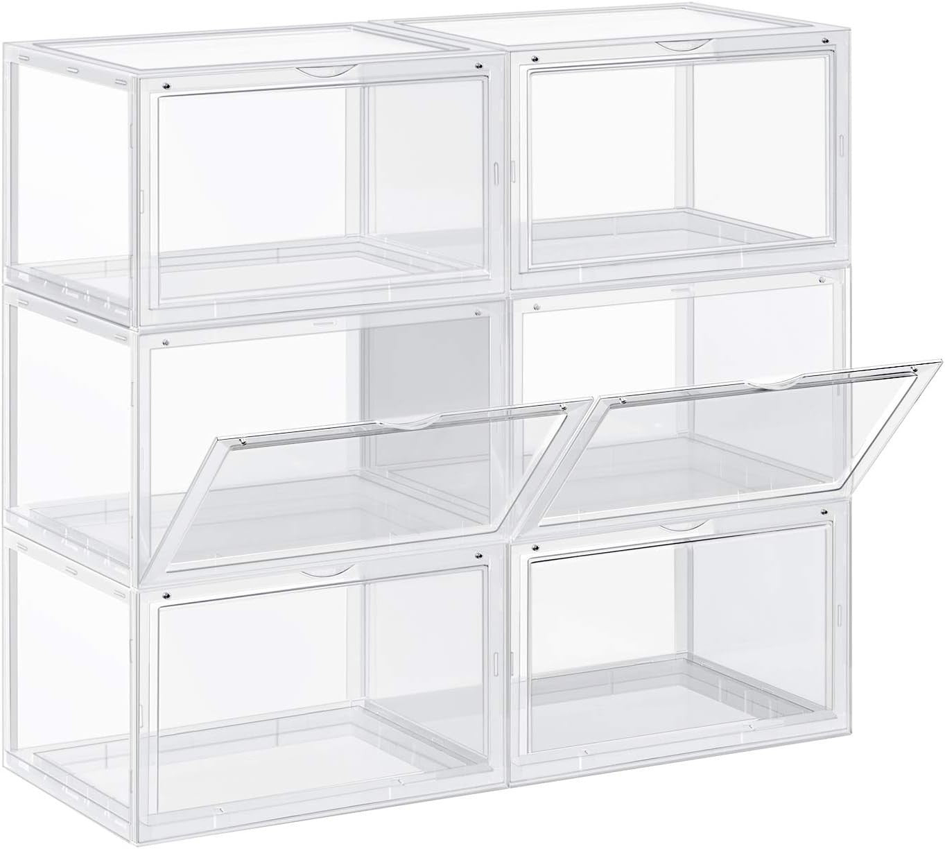 Set of 6 Stackable Transparent Shoe Boxes with Front Doors, Large Storage