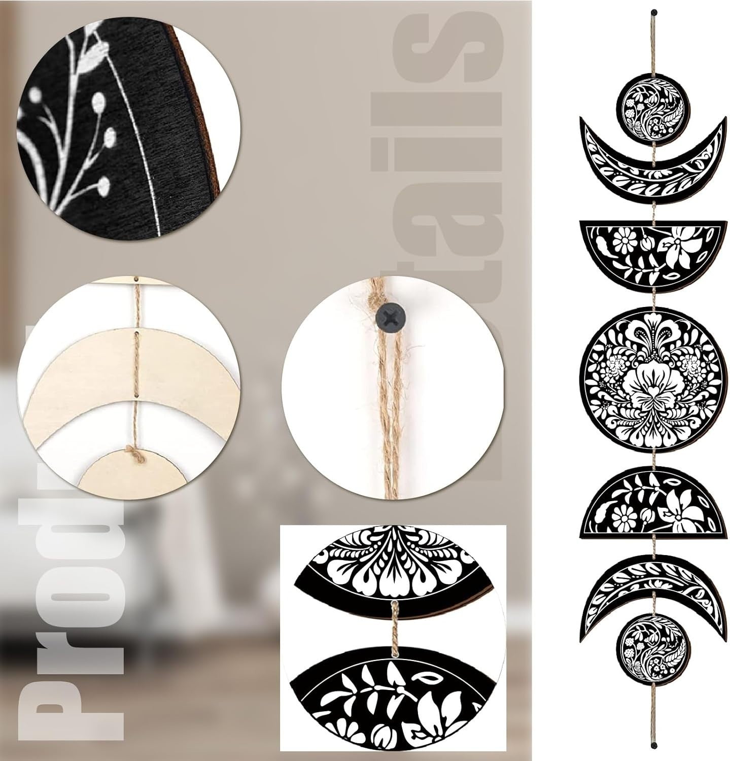 Moon Phase Wall Decor Wooden Boho 7-Piece Hanging Art