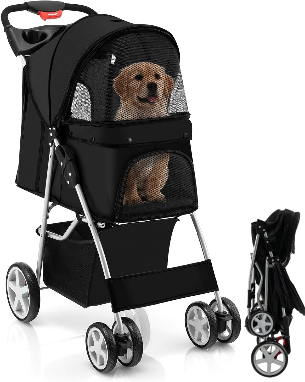 Black Pet Stroller Foldable Dog Cat Pushchair 15kg Storage Basket