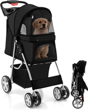 Black Pet Stroller Foldable Dog Cat Pushchair 15kg Storage Basket