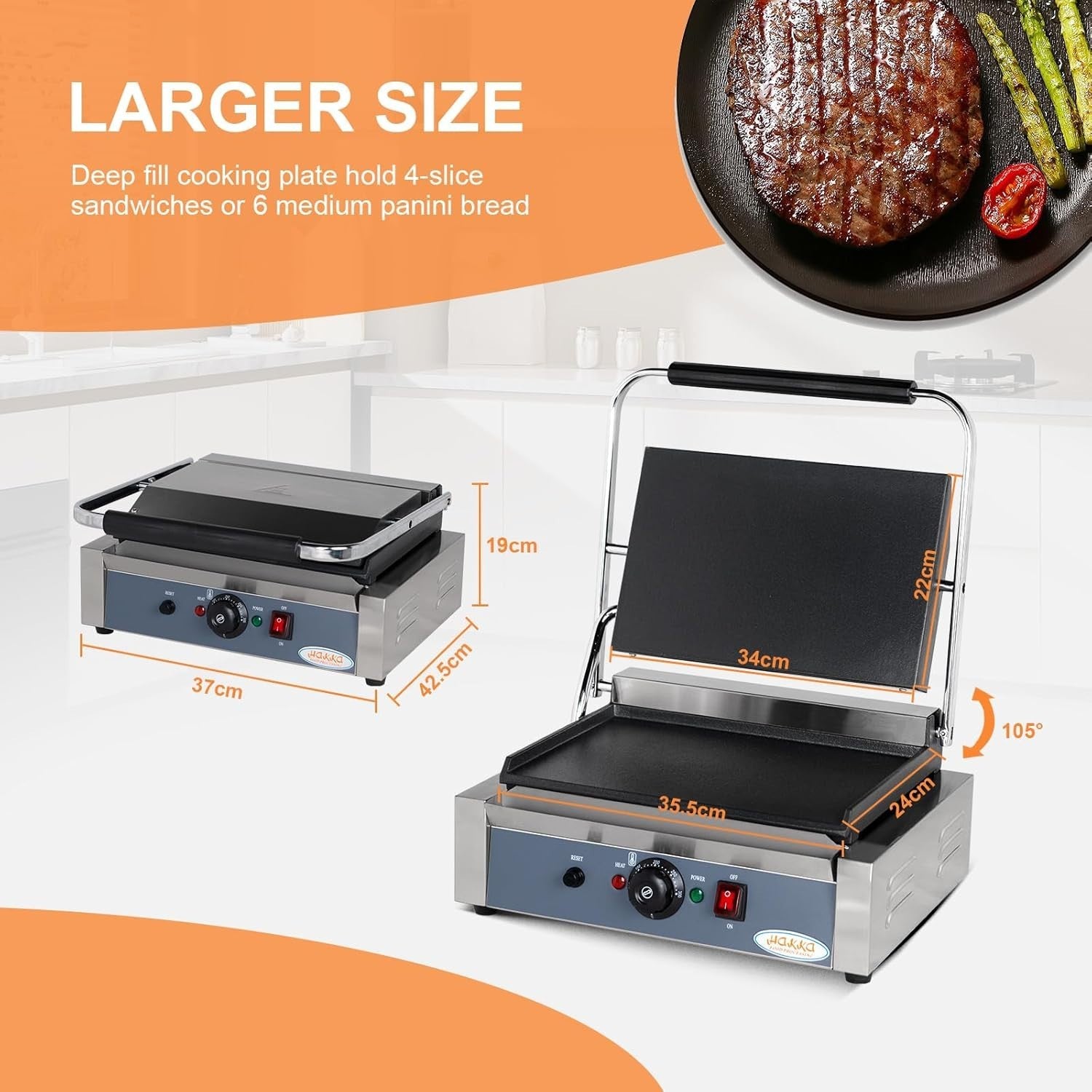 Commercial Panini Press 2200W 34x22cm Grill 50-300℃ Blue