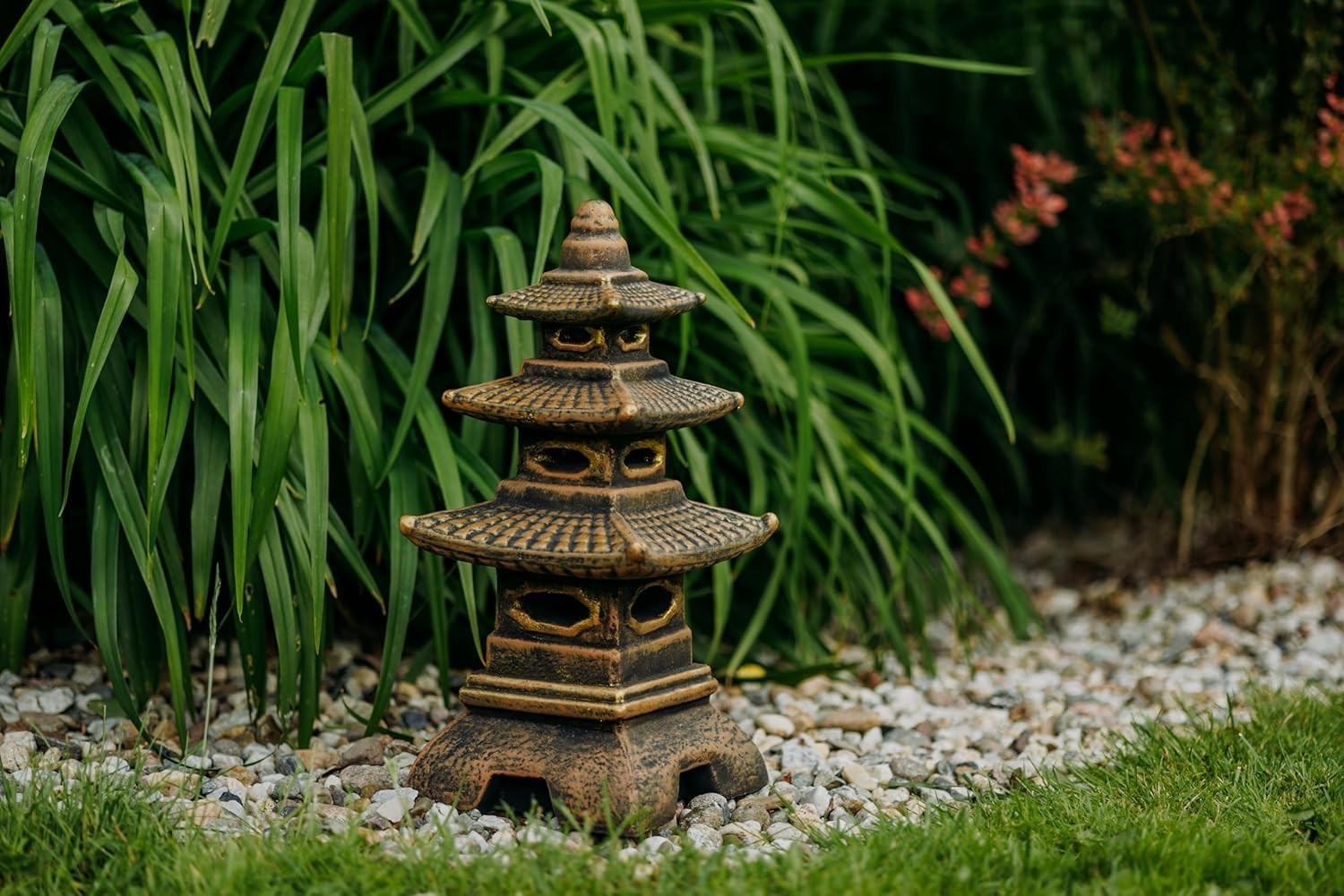 Japanese Pagoda Stone Lantern 46cm Frost Proof Gold Cast Concrete Garden Decor
