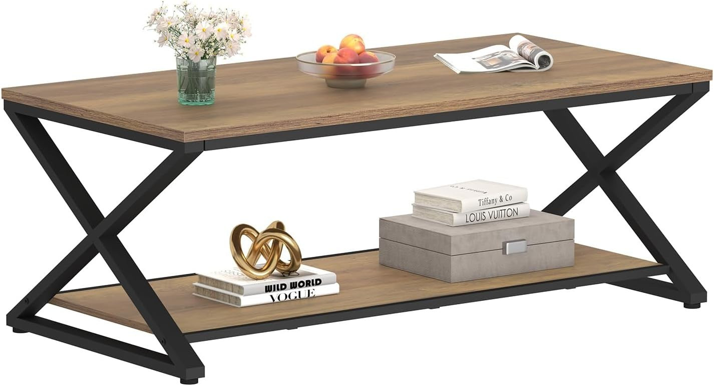 Rustic Industrial Coffee Table 47" with Storage Shelf, Metal Frame, Durable