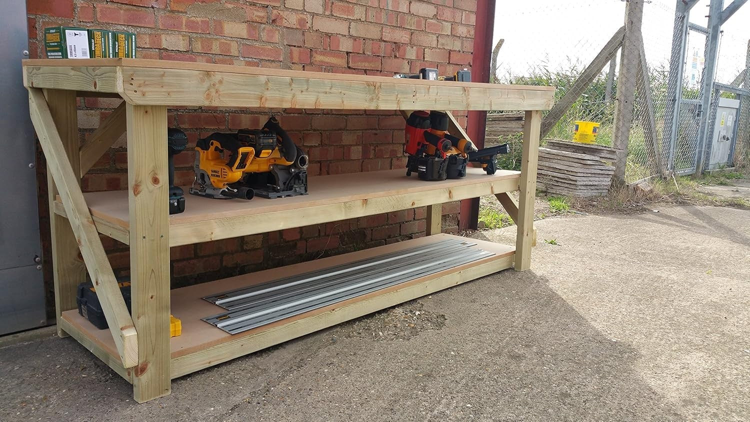 Wood MDF Workbench 8ft Double Shelf 240x70x90cm Heavy Duty Garage Table