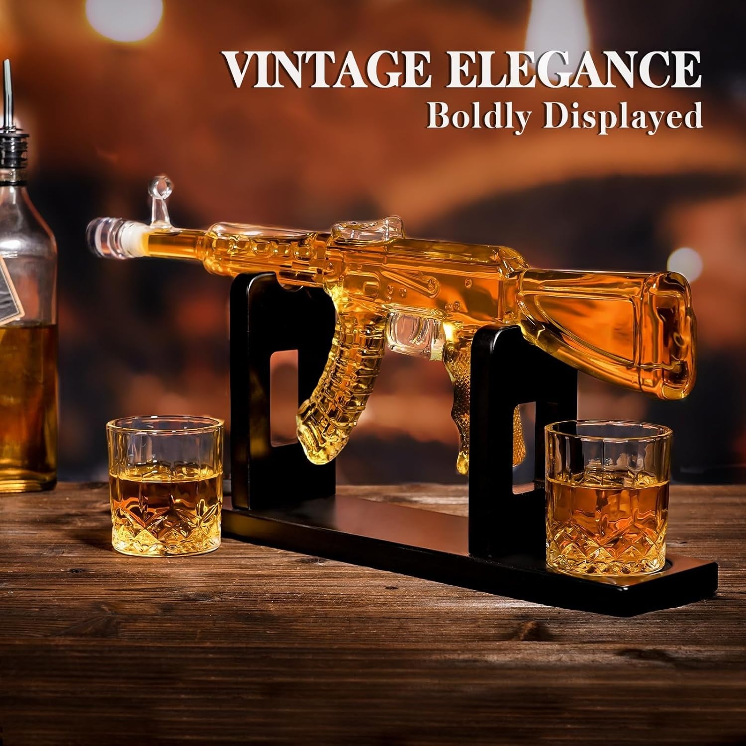 AK47 Whiskey Decanter Set with Stand & 2 Glasses – 1000ml Novelty Liquor Dispens