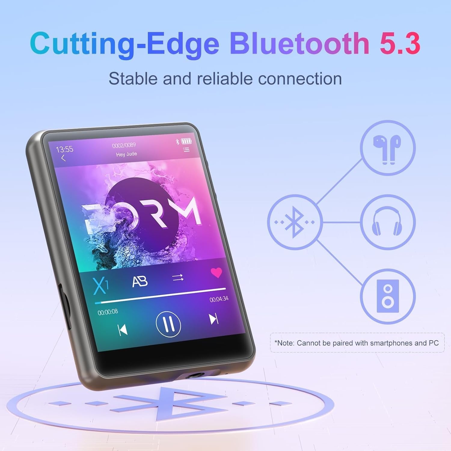 64GB MP3 Player Bluetooth 5.3 2.4" Touch Screen Speaker