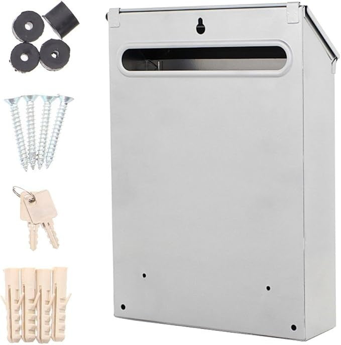 Lockable Wall Mounted Steel Post Box Silver Weatherproof Mailbox 300x215x70mm