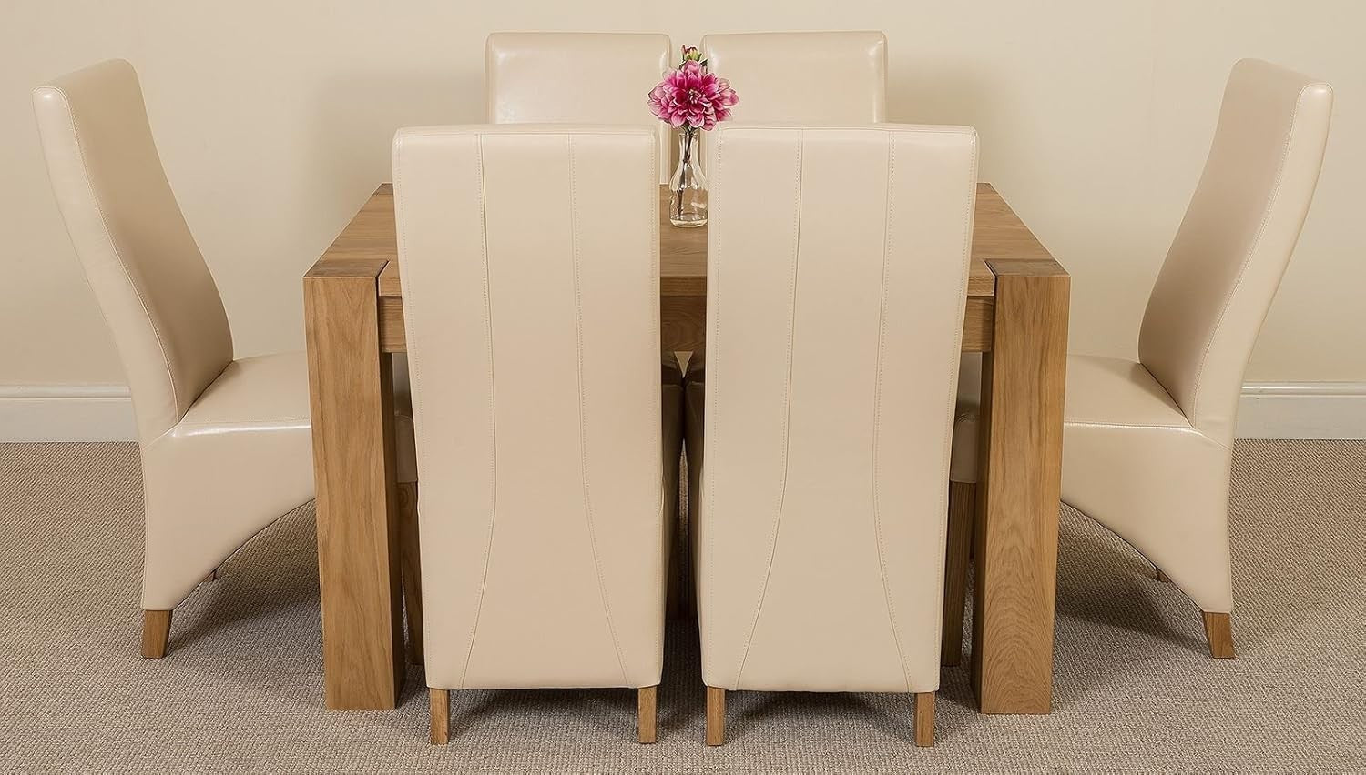Oak 6-Seater Dining Table & Chairs Set – Small, Durable, Ivory Leather Seats
