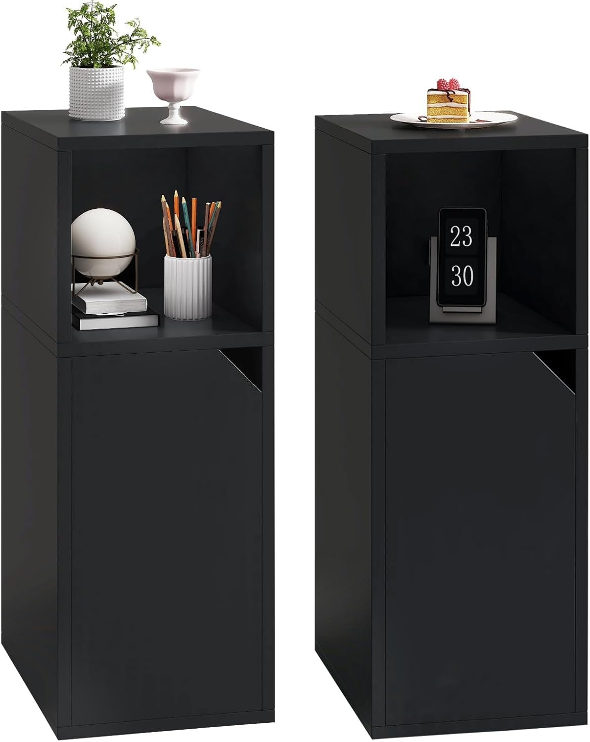 Slim Bedside Tables Set of 2 – Narrow Nightstands with Door & Open Shelf Storage