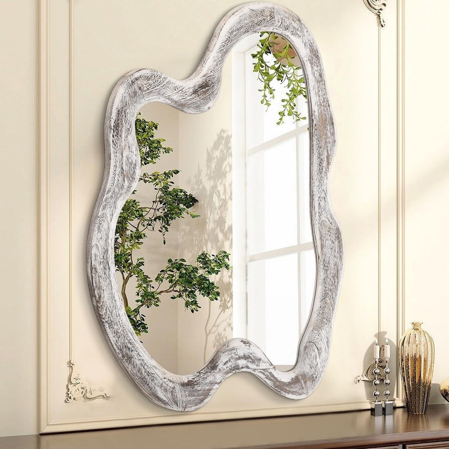 Vintage Irregular Wall Mirror 80x60cm Rustic White Frame for Entryway