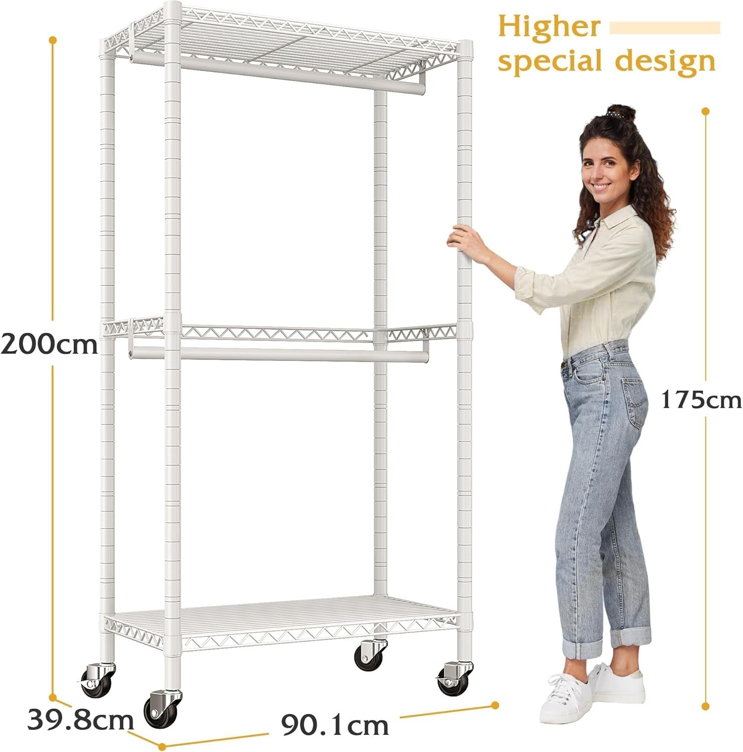 Heavy Duty Clothes Rail with Wheels & Shelves – White 200cm