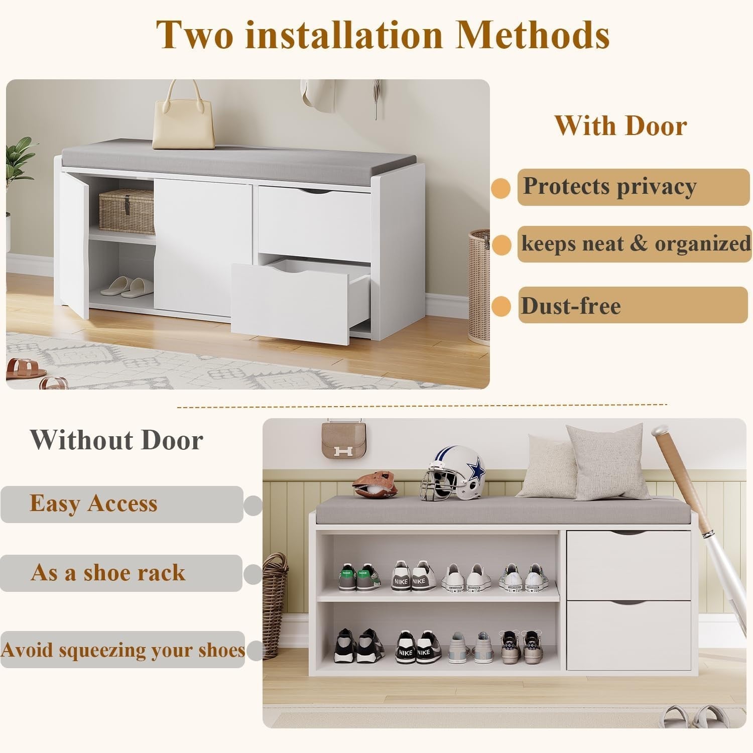 White Oak Shoe Storage Bench with Drawers & Cushion 2-Tier Hidden Rack 101x34x45