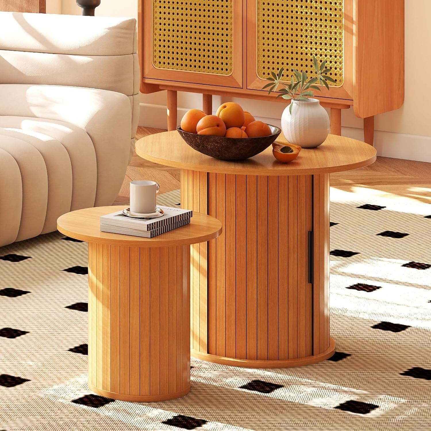 2-Piece 60cm Round Nesting Coffee Table Set with Hidden Storage, Natural Finish