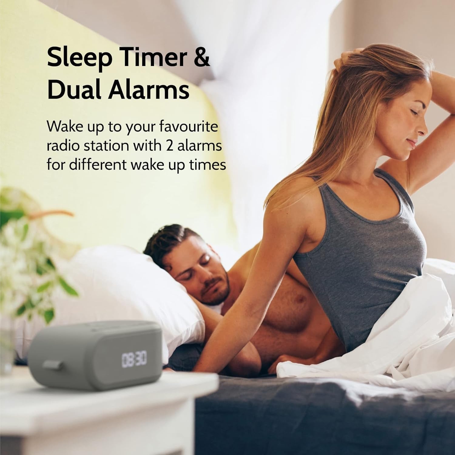 Grey Wireless Charging Alarm Clock Bluetooth Speaker FM Radio Dual Alarm