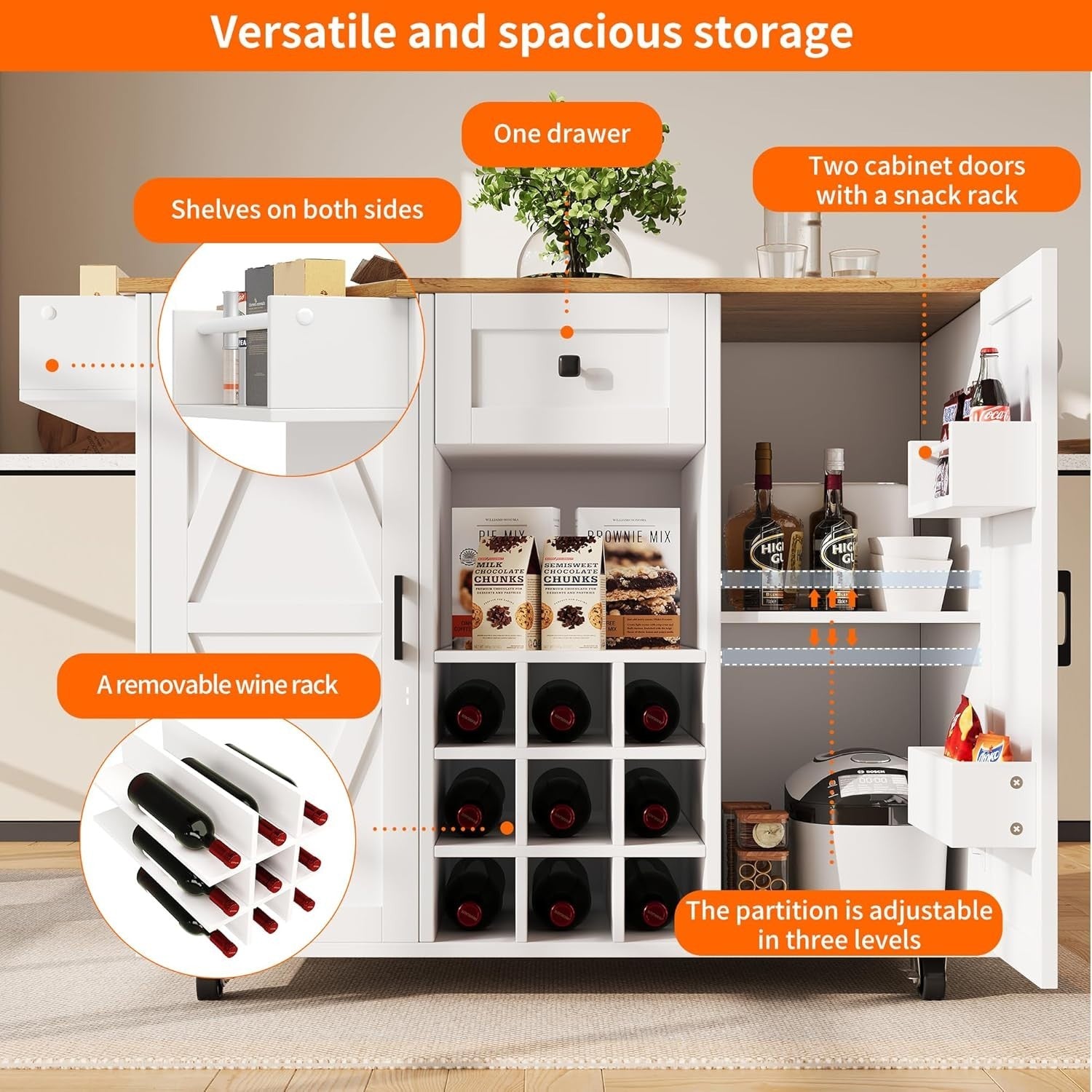 White Natural Kitchen Island Foldable Table Wine Rack
