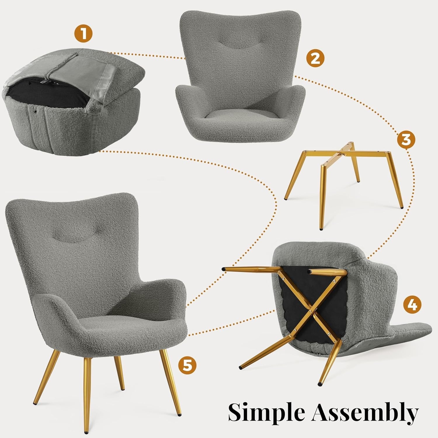 Sherpa Boucle Armchair with Ottoman High Back Accent Chair Dark Grey