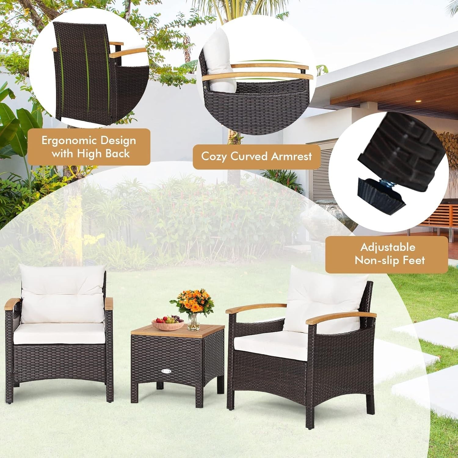 3-Piece Outdoor Rattan Sofa Set with Cushions & Acacia Wood Table Patio Garden