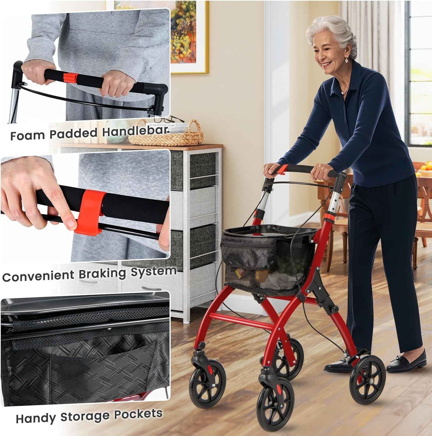 Lightweight 4 Wheel Rollator Walker Folding Mobility Aid Basket & Brakes