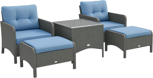 5pc Rattan Garden Furniture Set Outdoor Chairs Table Stools Blue Cushions