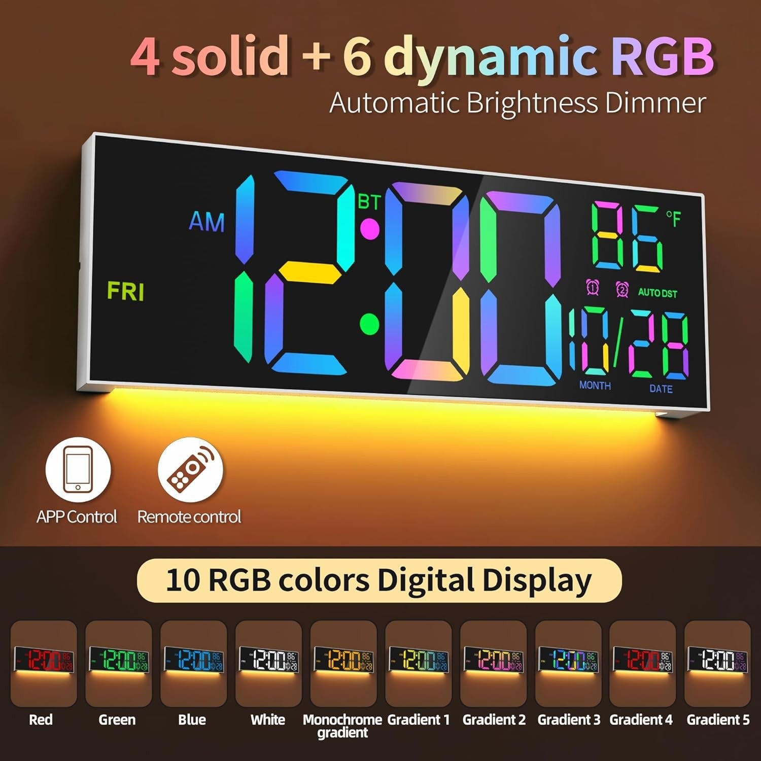 16.5" Large Digital Wall Clock RGB LED Display Temp Date Alarm Remote Sync