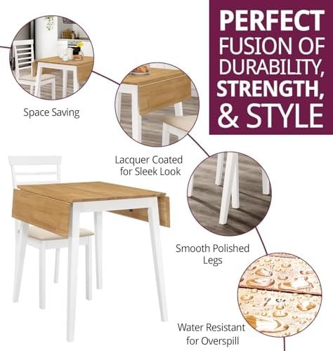 Small Drop Leaf Dining Table & 2 Chairs White & Oak Foldable Set